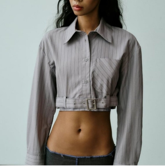 New Zara Striped Crop Shirt Jacket with Belt Bloggers Fave XXL NWT - Picture 2 of 6